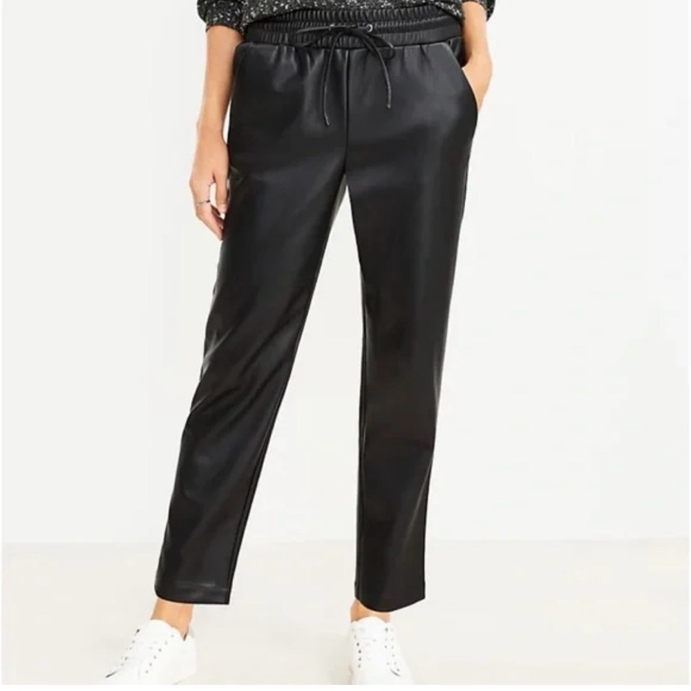 Loft Black Faux Leather Lightly Lined Pockets Wide Elastic Waist Tie Pants